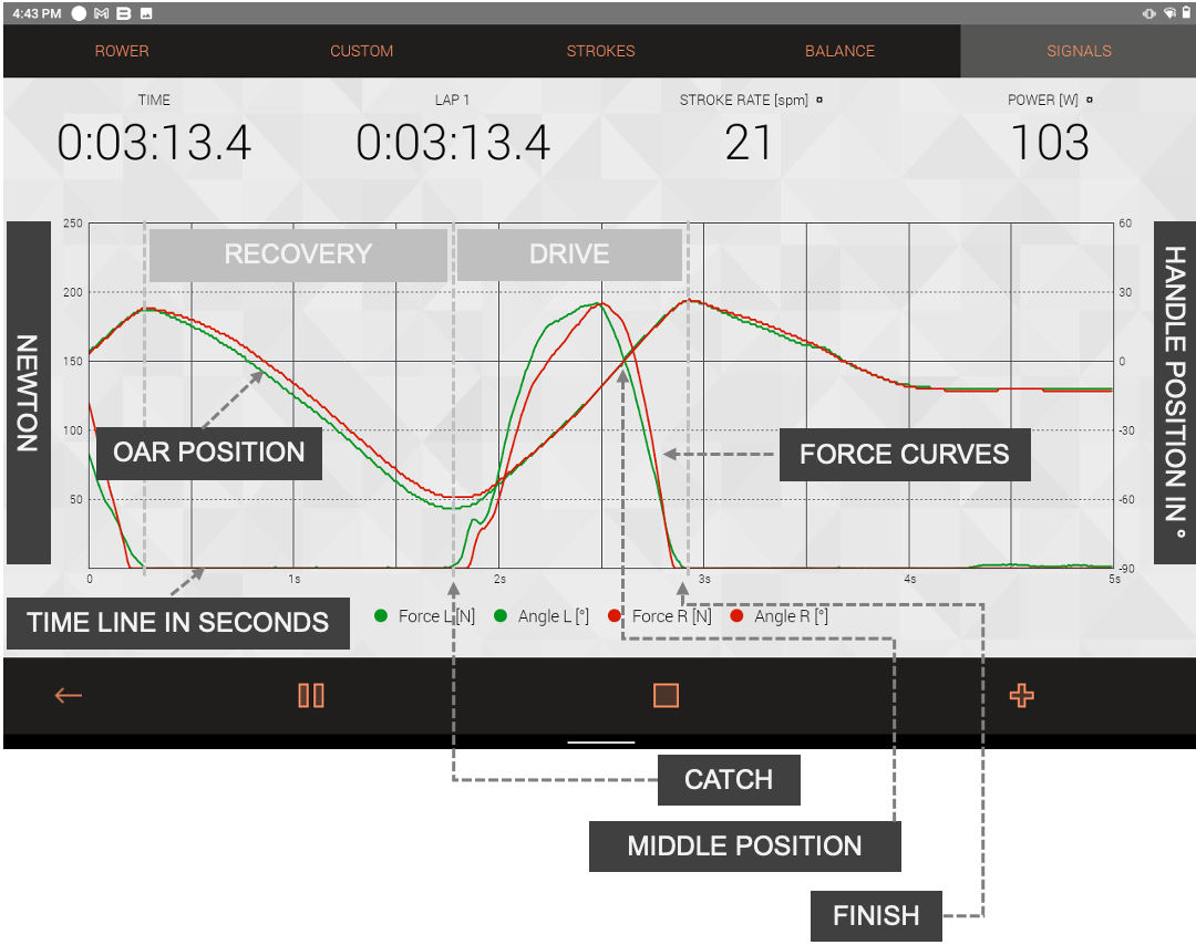 BIOROWER App showing detailed force curves and oar handle positions for the left and right side separately on a time line.