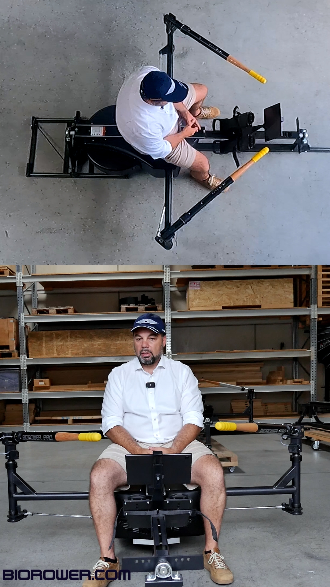 The founder of BIOROWER® speaks passionately while demonstrating the machine’s boat-native rowing motion.