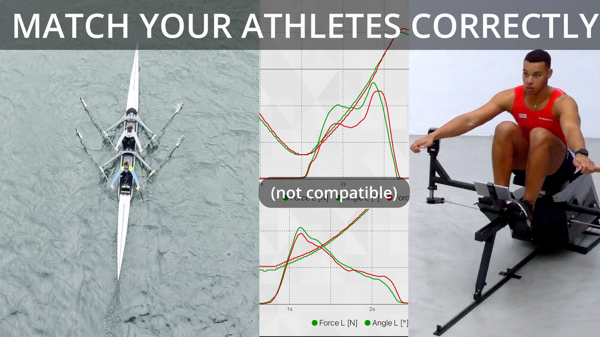 High-performance athlete using the BIOROWER indoor rowing machine alongside a synchronized double scull crew. Mismatched rowing force curves illustrate the importance of matching stroke profiles for optimal boat speed.